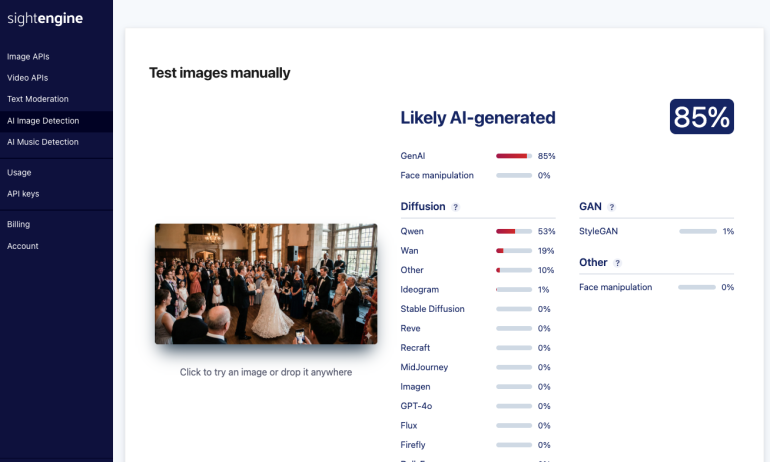 A tool analyzes a wedding photo, showing it is 85% likely to be AI-generated, with detailed results.