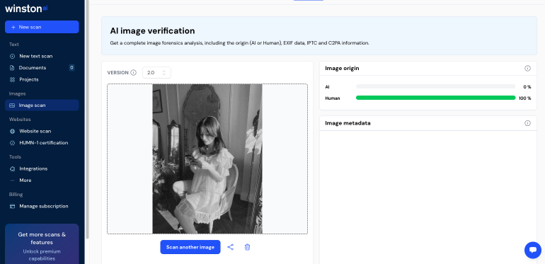 A girl in a white dress sits on a chair, shown on an AI image verification website screen.