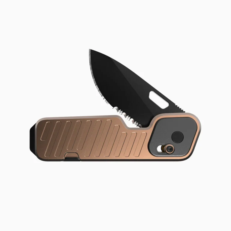 A compact folding pocket knife with a black blade and a bronze handle on a white background.