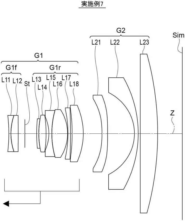 Diagram of a multi-element camera lens assembly with labeled lens groups and components, annotated in Japanese.
