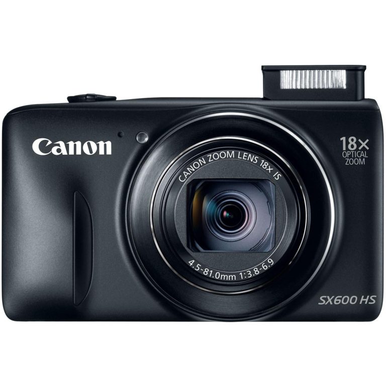 Front view of a black Canon SX600 HS digital camera with lens and flash visible.