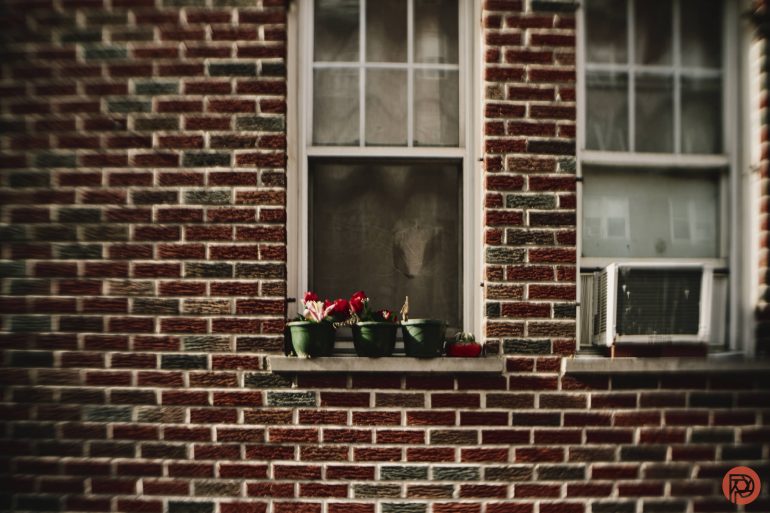 A brick wall with two windows, one with flower pots and the other with a window air conditioner.