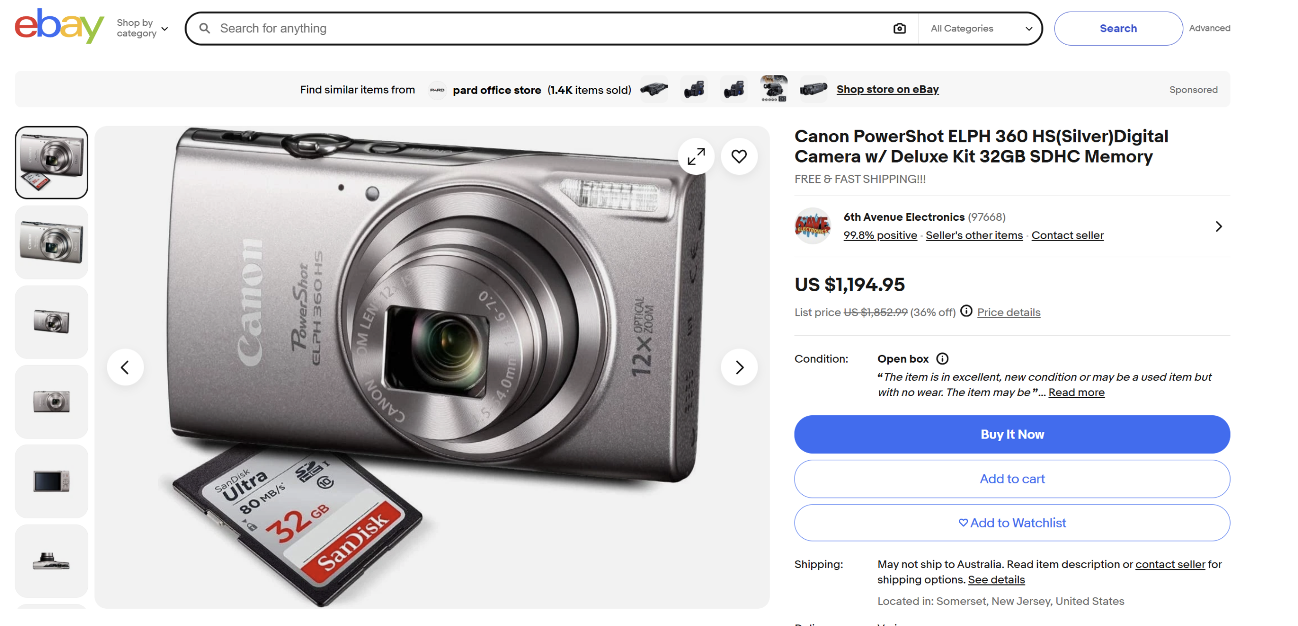 Silver Canon PowerShot ELPH 360 HS camera beside a 32GB SanDisk SD card on an eBay product page.