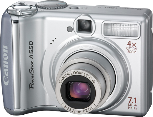 Silver Canon PowerShot A550 digital camera with 4x zoom lens and 7.1 megapixels, front view.