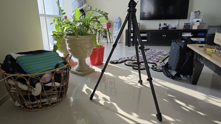 A tripod stands in a bright living room with plants, a rug, a laundry basket, and a TV on the wall.