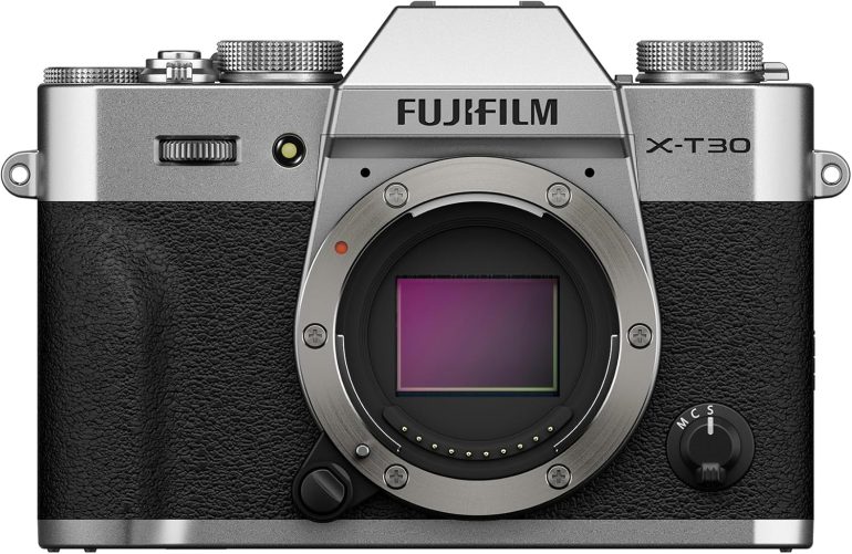 Fujifilm X-T30 digital camera body, silver color, without a lens attached, facing forward.