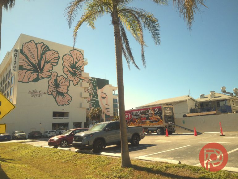 A palm tree and cars in front of a building with a floral mural and a parked Cheney Bros. delivery truck.