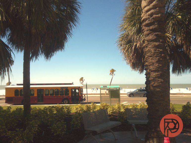 A red trolley drives along a sunny beach road lined with palm trees and benches.