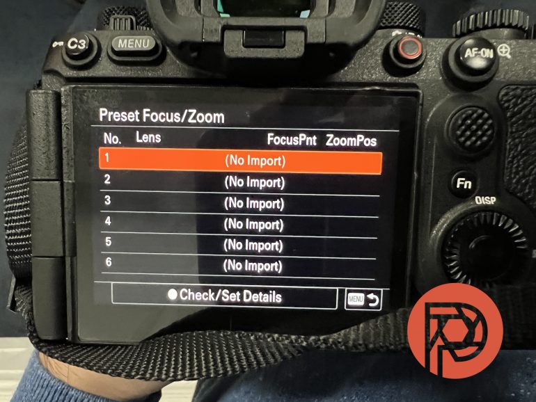 Close-up of a camera screen showing a preset focus/zoom menu with No Import listed for lens presets.