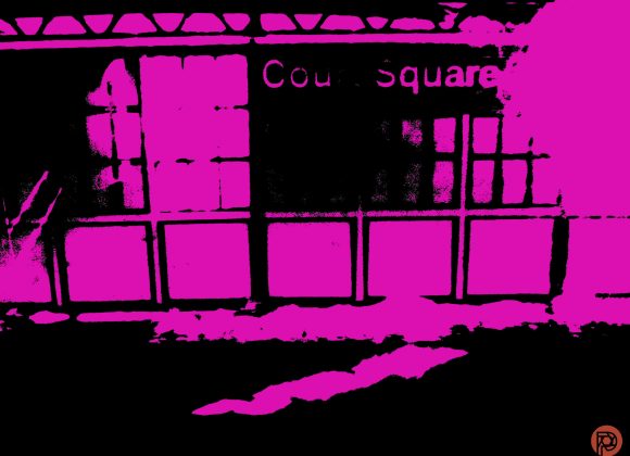 High-contrast pink and black image of a building labeled Court Square, with abstract shapes and shadows.
