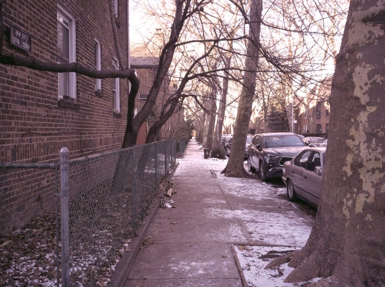 A sidewalk lined with bare trees, parked cars, brick buildings, and patches of snow on the ground.