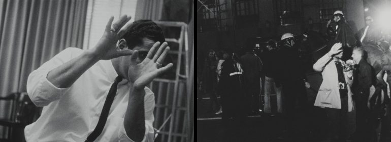 Left: Person shielding face with hands. Right: People shielding faces near police officers and horses at night.