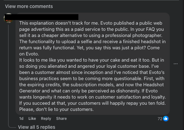 A critical comment on a social media post addresses business practices and customer dissatisfaction.