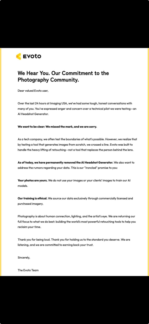 A letter from Evoto apologizing for using AI images on their site and stating their commitment to photographers.