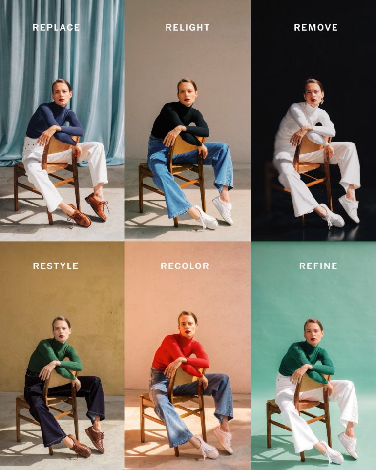 Six images of the same woman seated on a chair, each with different backgrounds, lighting, outfits, and colors.