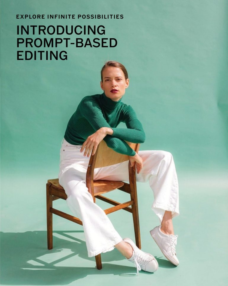 A woman in a green sweater and white pants sits on a chair against a green backdrop with text about prompt-based editing.