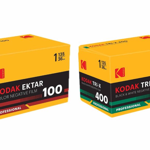 Two boxes of Kodak 35mm film: Ektar 100 color film and Tri-X 400 black & white film.