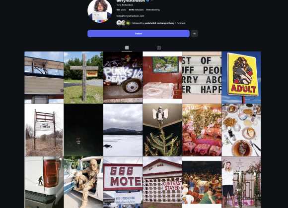 A grid of eclectic photos on an Instagram profile page with a profile picture and account details at the top.