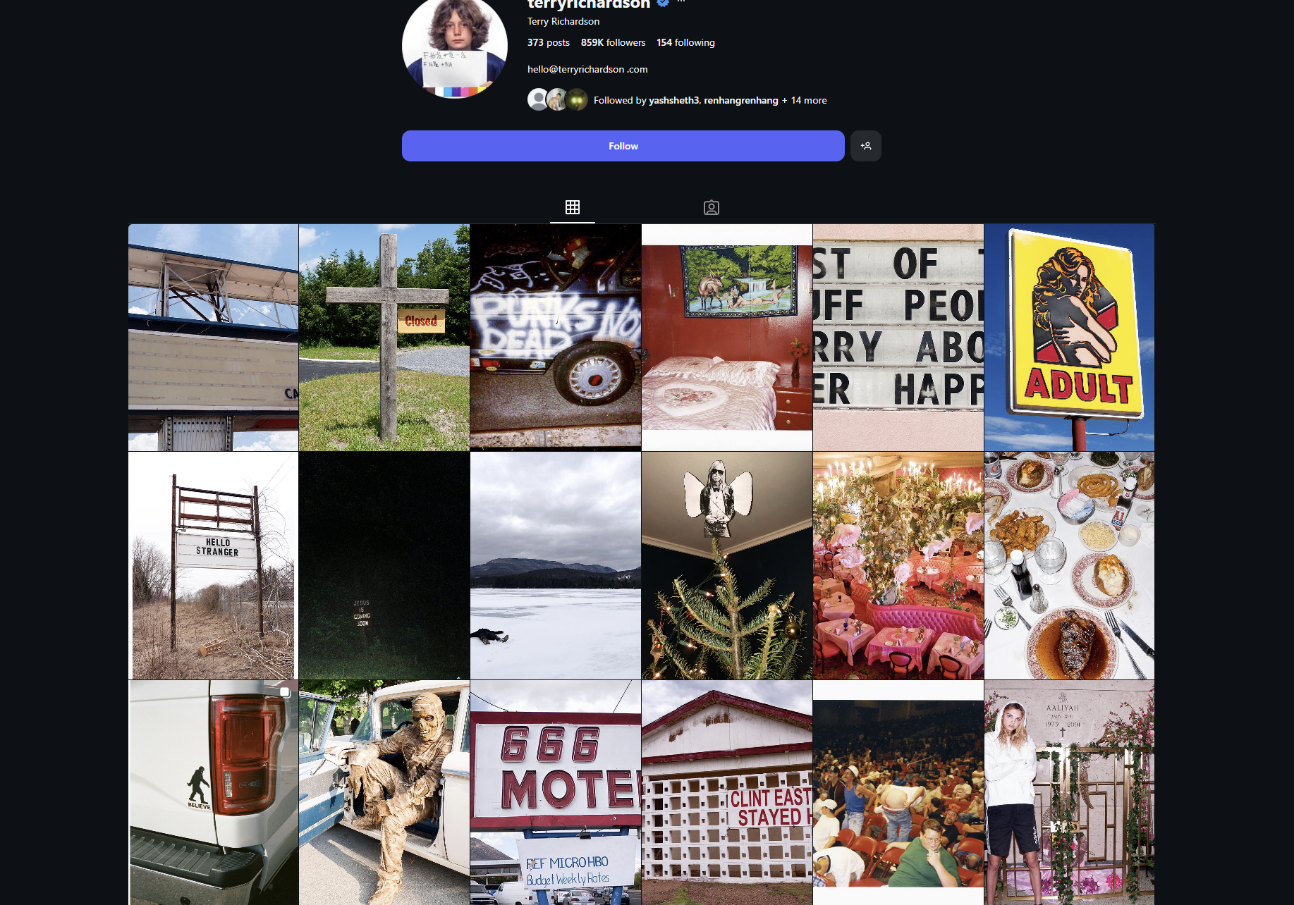 A grid of eclectic photos on an Instagram profile page with a profile picture and account details at the top.