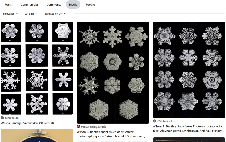 Several black-and-white photographs of unique snowflakes, each with intricate, symmetrical patterns.
