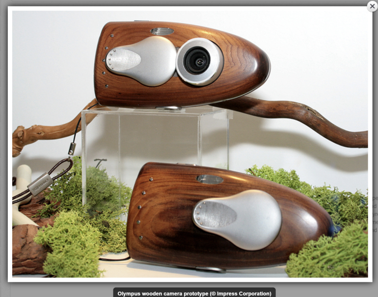 Two wooden Olympus camera prototypes displayed on stands with moss and tree branches in the background.