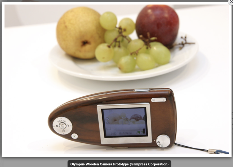 A wooden digital camera on a table in front of a plate with grapes, a pear, and a plum.