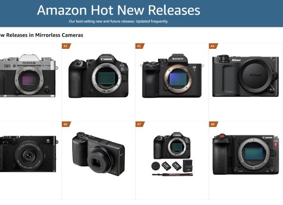 Eight new mirrorless cameras from brands like Fujifilm, Canon, Sony, and Nikon displayed in a grid.