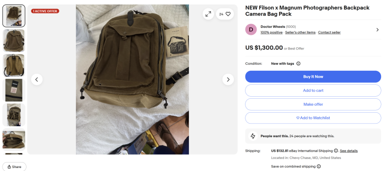 A tan Filson x Magnum camera backpack is displayed on a white surface in an eBay listing screenshot.