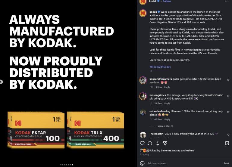 Two Kodak 35mm film boxes, EKTAR 100 and TRI-X 400, on a black background with bold white text.