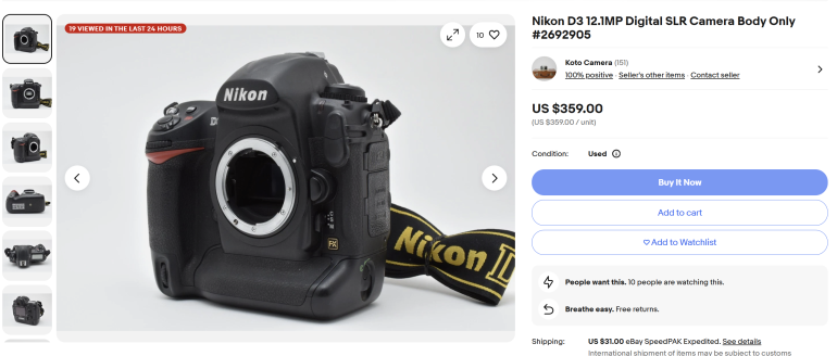 Close-up of a Nikon D3 DSLR camera body without a lens, displayed for sale on an online marketplace.