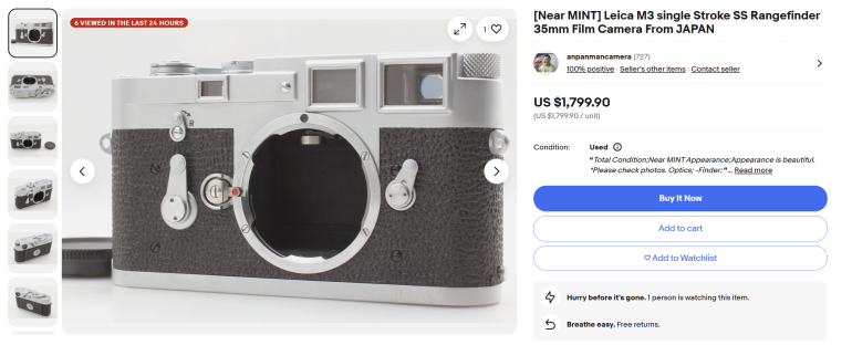 Silver and black Leica M3 rangefinder film camera body displayed for sale on an e-commerce website.