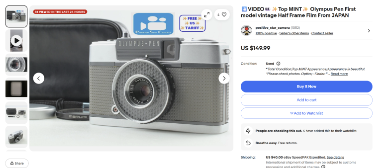 Olympus Pen vintage film camera for sale online, shown in close-up on a white background.