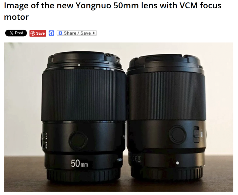 Two black Yongnuo 50mm camera lenses with VCM focus motors side by side on a wooden surface.