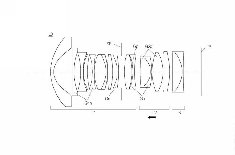 Technical diagram showing multiple convex and concave lens elements arranged along a horizontal axis.