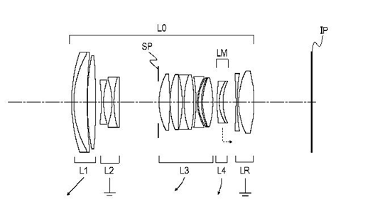 Diagram of a multi-element camera lens system showing labeled lens groups and their arrangement.