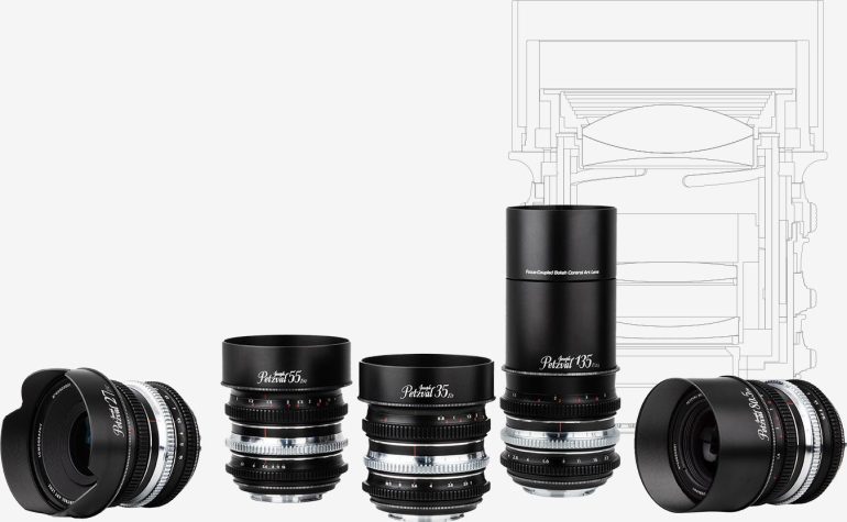 Five camera lenses of varying sizes are lined up in front of a faint technical camera diagram.