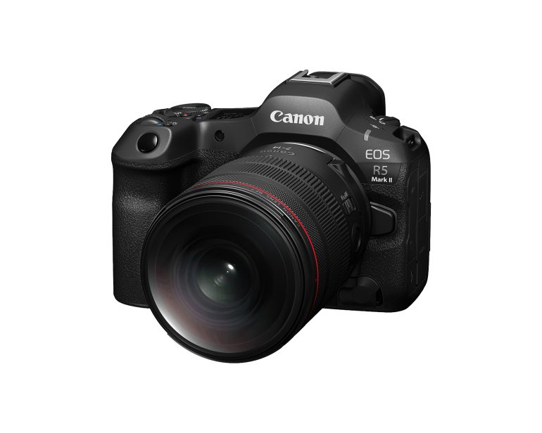 Black Canon EOS R5 Mark II camera with a large lens, shown on a white background.
