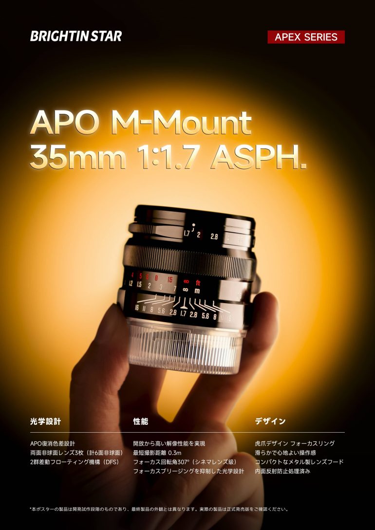 A hand holds a Brightin Star APO M-Mount 35mm f/1.7 camera lens against a dark gradient background.