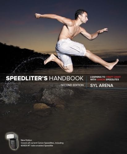 What Happened to Syl Arena? A man jumps over water at dusk; cover of Speedliter’s Handbook by Syl Arena.