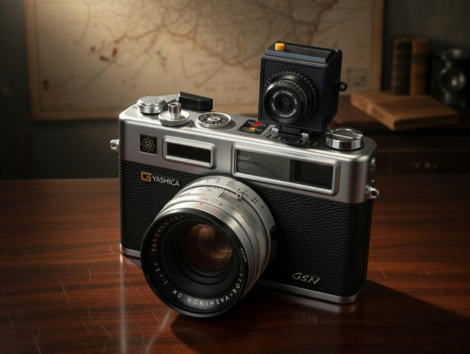 A vintage Yashica GSN camera with a small modern digital camera mounted on top, on a wooden desk.