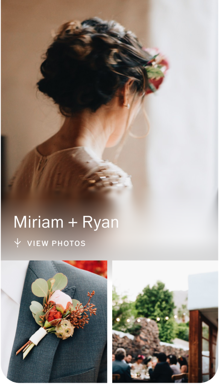 Woman with flower in her hair, boutonniere on suit, and outdoor wedding reception scene. Text: Miriam + Ryan.