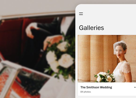 A wedding photo gallery app screen showing a bride in a white dress holding a bouquet.