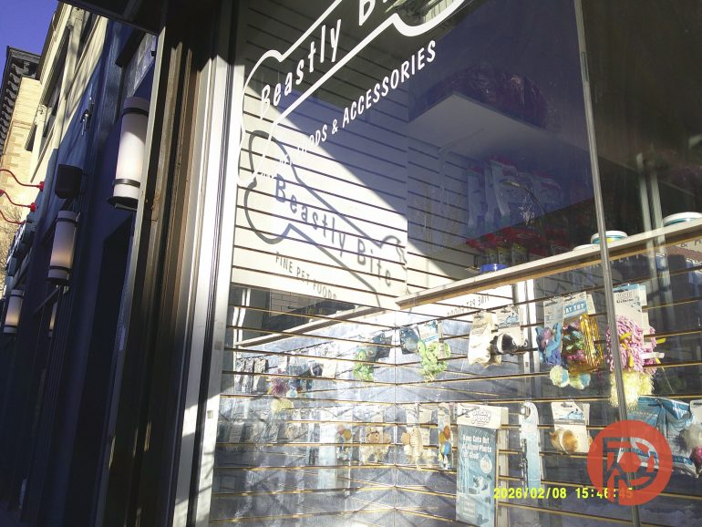 Storefront window of a pet shop with pet supplies and toys displayed inside, sunlight casting shadows.