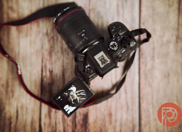 A Canon camera with a strap rests on wood, its screen flipped out showing a close-up image of a flower.