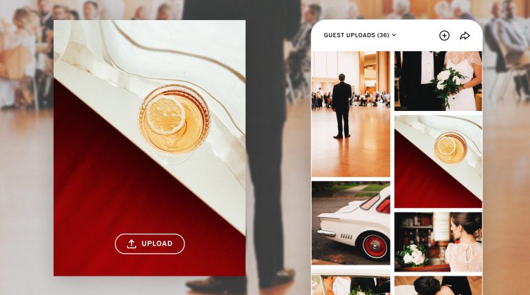 A cocktail with a lemon slice on a white table, with a red floor and an upload button below.