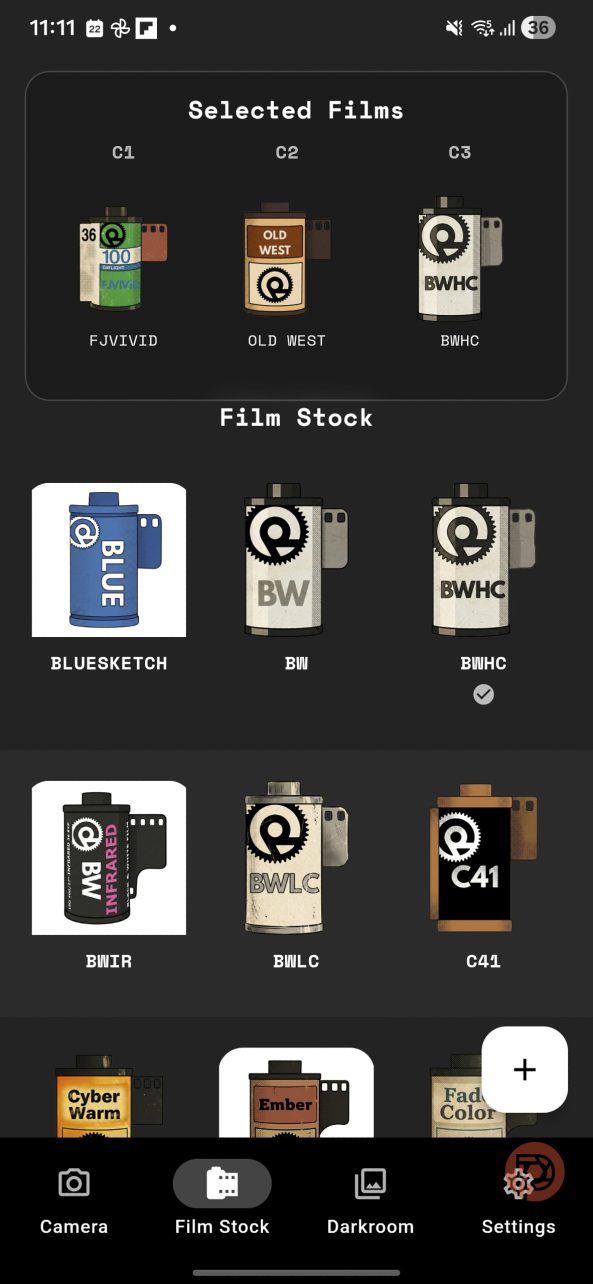 Screenshot of a film selection app showing various film rolls and options like Camera, Film Stock, and Settings.