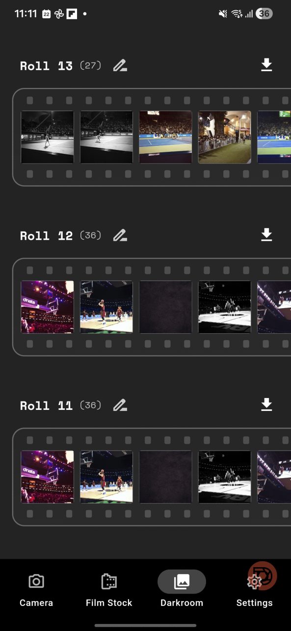 Screenshot of a phone app showing film rolls with basketball game photos and darkroom editing options.