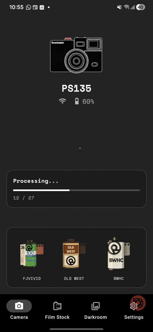 A camera app screen shows model PS135, 60% battery, and a processing bar at 12/27 with film stock options below.