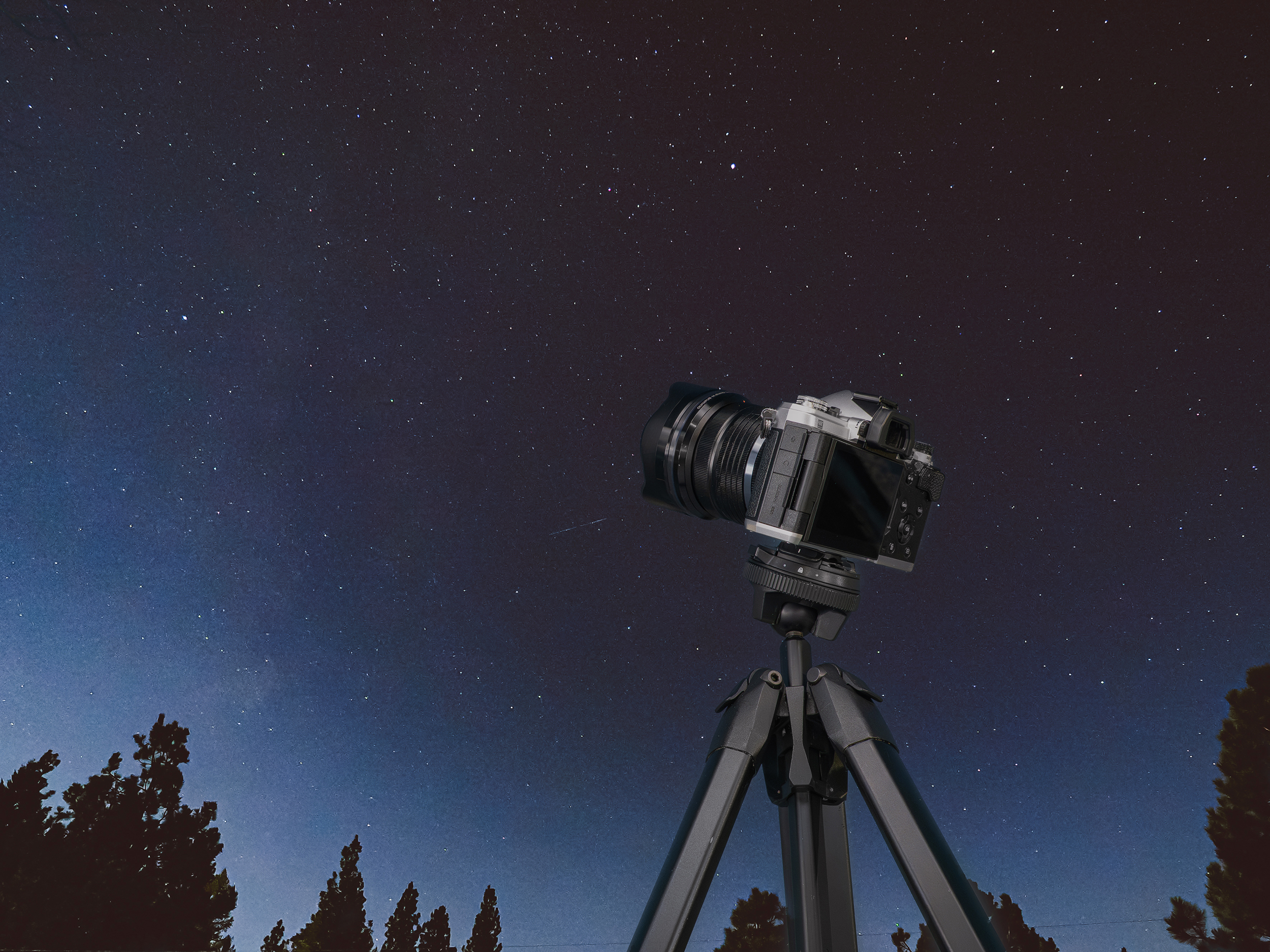 A camera on a tripod pointed at a clear, starry night sky with trees silhouetted below.