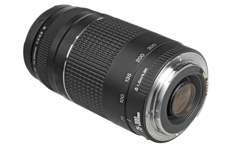 A black telephoto camera lens with focal length markings from 75mm to 300mm.